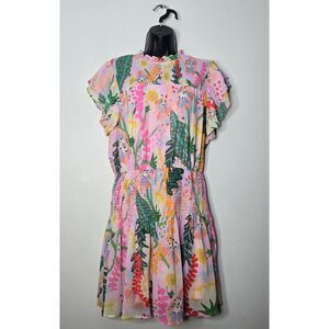 Entro Womens Boho Floral Ruffle Sleeve Smocked Waist Dress Size Large Multicolor